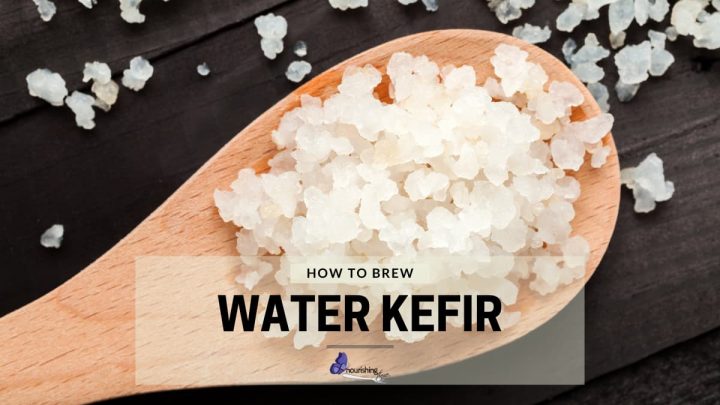 Wooden spoon with water kefir grains, text reads how to brew water kefir