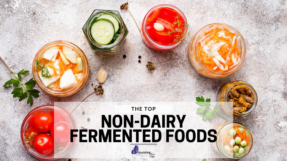 Featured Photo with a variety of different ferments surrounding words The Top Non-Dairy Fermented Foods